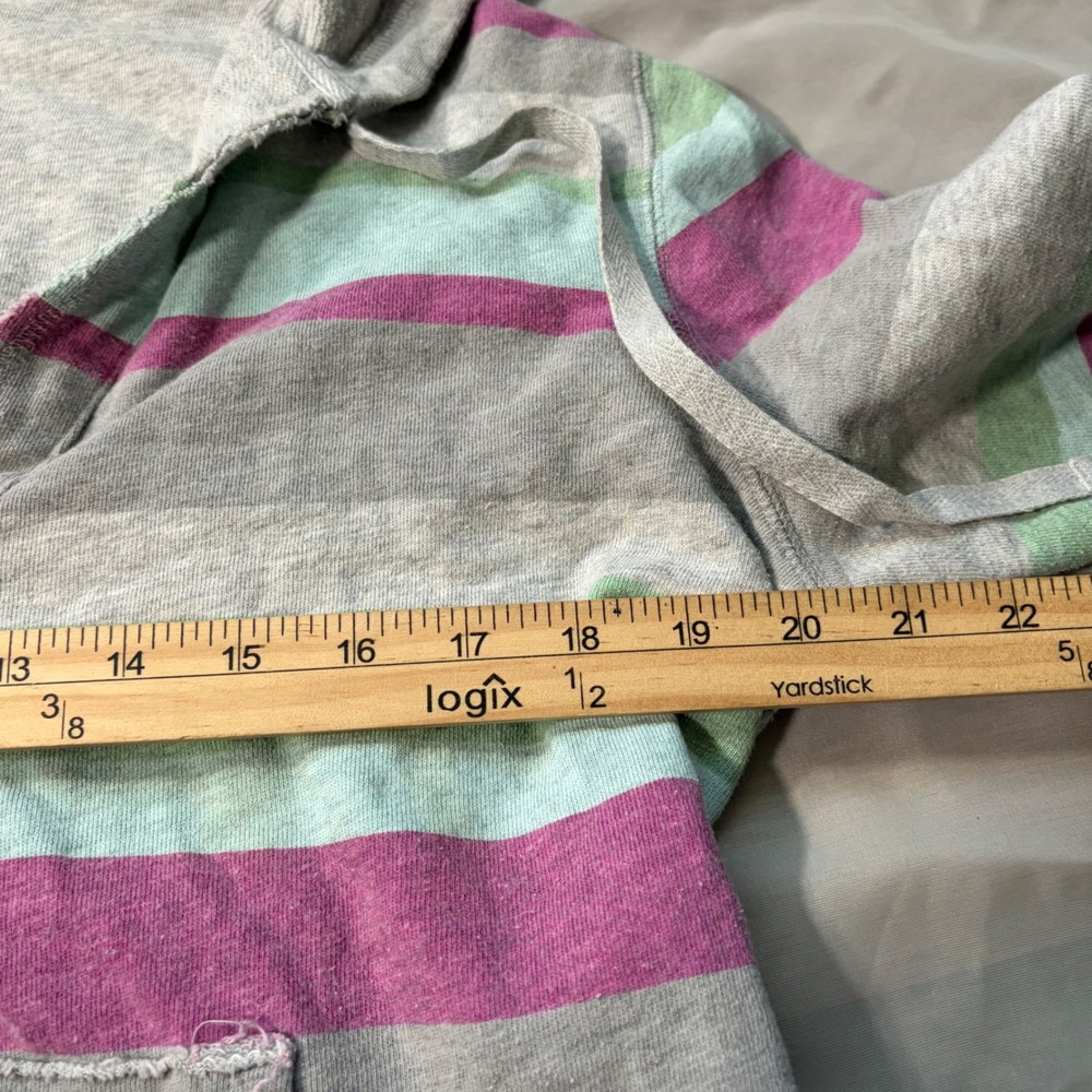 Y2K Striped Preppy XXL Striped V-Neck Hoodie Cotton French Pullover Grey Multi - Picture 3 of 6
